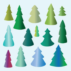 Collection of Christmas trees in green and blue colors. Set of different forms of Christmas tree. Hand drown vector illustration for greeting cards, invitations, Christmas decoration