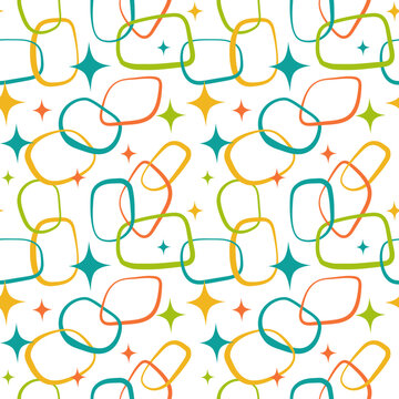 Mid century modern seamless pattern with teal, orange, yellow and green geometric shapes. Abstract vector background.