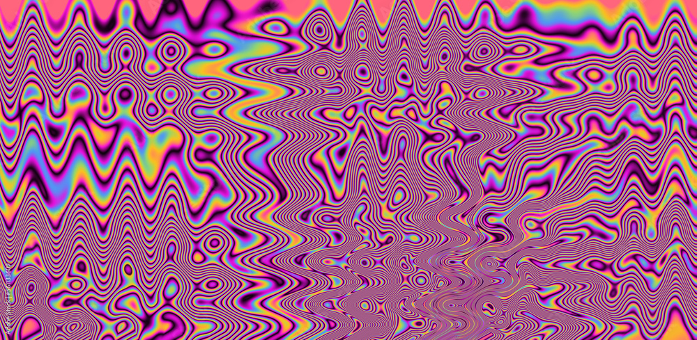 Poster texture of a glitched tv screen with wavy and distorted moire pattern in acid colors.