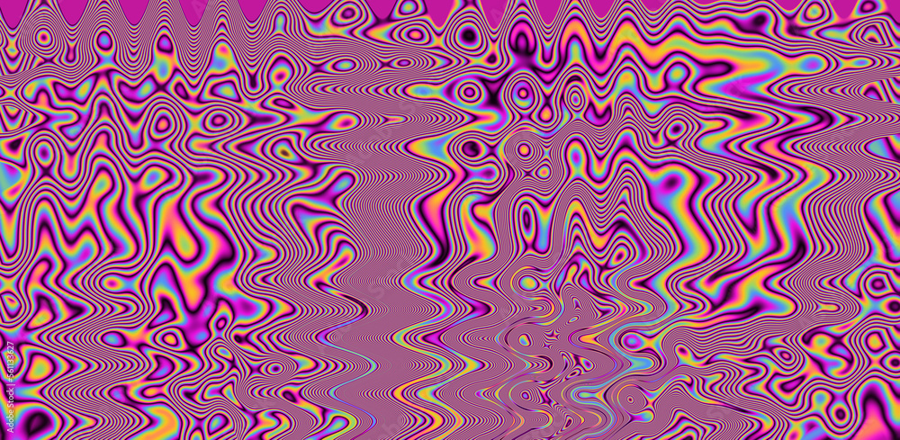 Poster texture of a glitched tv screen with wavy and distorted moire pattern in acid colors.