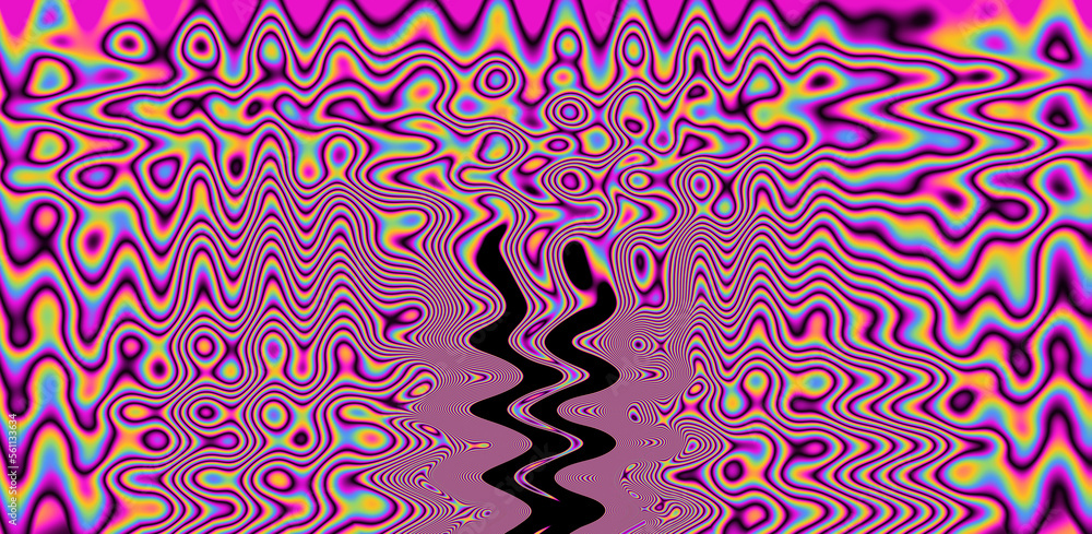 Poster texture of a glitched tv screen with wavy and distorted moire pattern in acid colors.