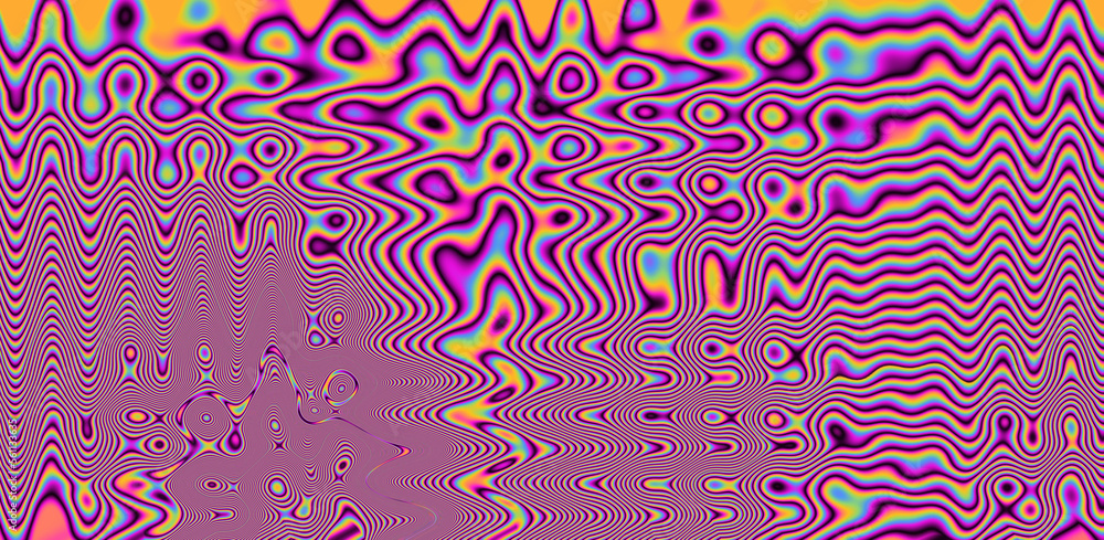 Poster texture of a glitched tv screen with wavy and distorted moire pattern in acid colors.