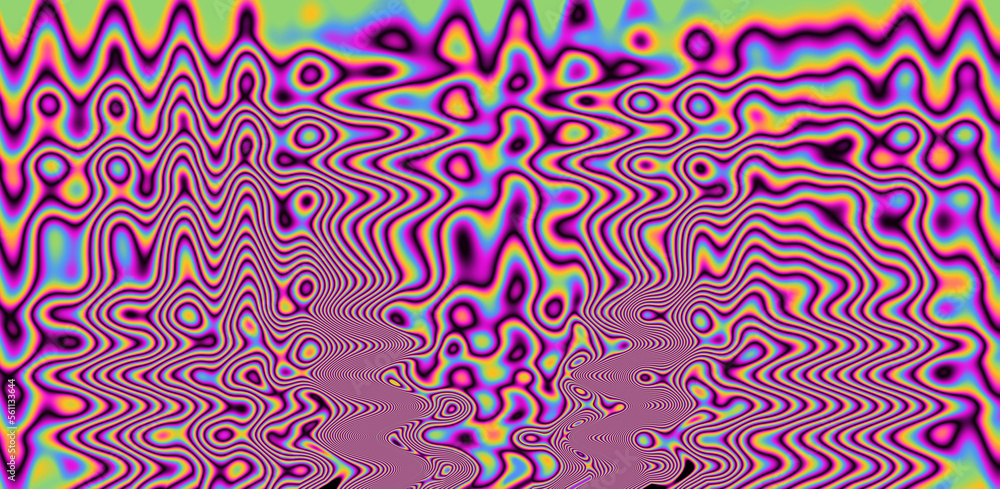 Poster texture of a glitched tv screen with wavy and distorted moire pattern in acid colors.