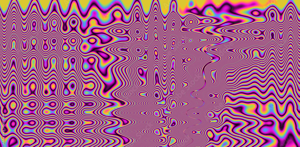 Poster texture of a glitched tv screen with wavy and distorted moire pattern in acid colors.
