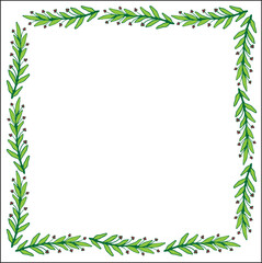 Green ornamental frame with red berries and leaves, decorative border for greeting cards, banners, business cards, invitations, menus. Christmas frame. Isolated vector illustration.