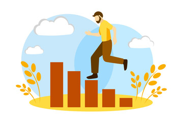 A man runs up the stairs. Moving towards success. Self development.