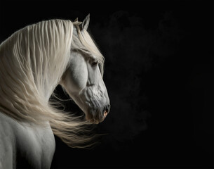 head profile closeup of long waving hair white horse stallion isolated on black background with copy space © sizsus