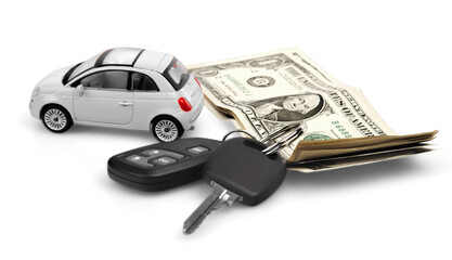 Car loan, car key with money and mini car