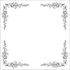 Black and white vegetal ornamental frame, decorative border, corners for greeting cards, banners, business cards, invitations, menus. Isolated vector illustration.