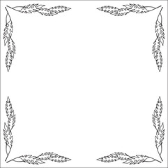 Black and white vegetal ornamental frame, decorative border, corners for greeting cards, banners, business cards, invitations, menus. Isolated vector illustration.