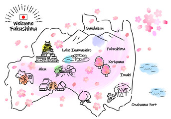 春の福島県の観光地のシンプル線画イラストマップ（ピンク）