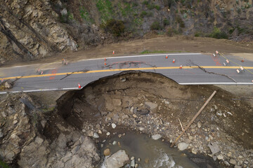 Broken Highway road damaged Destroyed Flooded River, Ojai, California, Ventura River disaster Rain Storm Aerial
