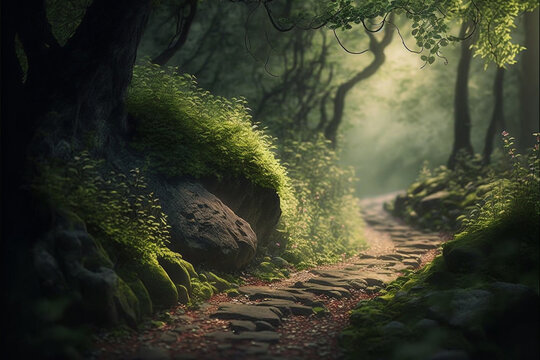 A serene forest landscape with a narrow, tree-lined path winding through the lush greenery. AI Assisted Image