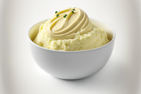 On a white background, mashed potatoes are isolated in a bowl. Generative AI