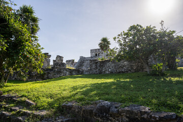 The ruins of a beautiful pyramid in the archaeological zone of Tulum in Mexico.