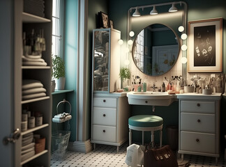Interior of retro or classic style bathroom decorated in white and green color with, sink, oval mirror with lights and shelves with towels, illustration created created with Generative AI technology