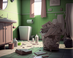 Messy bathroom with basket full of paper, dirty tiles, plastic bottles, sink, mirror, towels, window, green walls, paper, illustration created with Generative AI technology