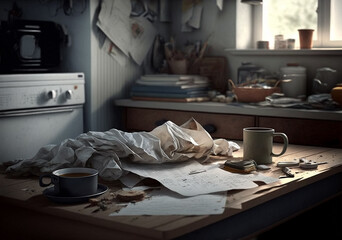 Fototapeta na wymiar Messy kitchen with table, two mug with coffee, appliances, paper, wrinkled cloth, piece of sliced bred, window, furniture, window, illustration created with Generative AI technology