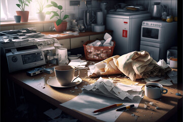 Messy kitchen with table, appliances, paper, mugs, mug with coffee, pens, window, furniture, window, basket, plants, illustration created with Generative AI technology