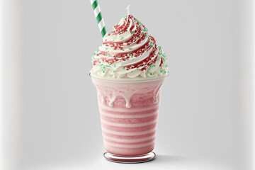 Isolated on a white background, a whipping strawberry frappuccino latte milkshake with cream, sorbet, syrup, and sherbet. Generative AI - obrazy, fototapety, plakaty