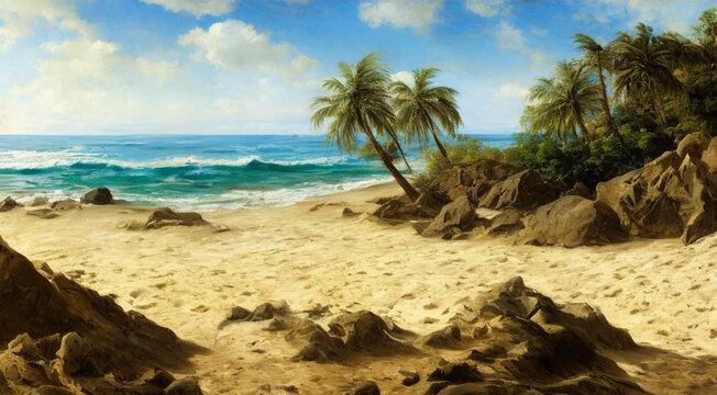 Landscape illustration of a vibrantly colored and brightly lit beach adorned with craggy rocks and palm trees.  A deep blue ocean populates the horizon while waves gently wash ashore. Digital painting