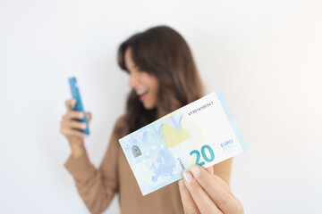 Earn Money Online Woman Holding Smartphone and Cash Euro Bill