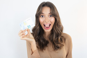 Happy Woman Holding Cash Euro Bill