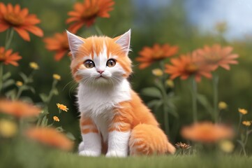 Naklejka na ściany i meble Small cute kitten standing in a meadow, Generative AI