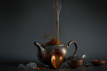 Old spoon and tea composition with a dark background. Generative AI - obrazy, fototapety, plakaty