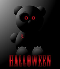 Scary black bear toy with red eyes.
Vector illustration for Halloween, isolated on a dark background