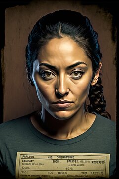 Portrait mug shot of a serious hispanic woman, Image generated with generative AI