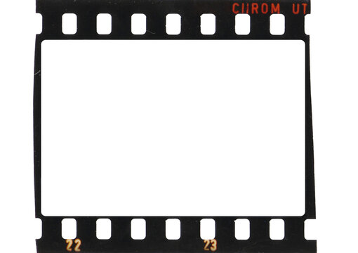 35mm film strip with transparent frame cell and background (PNG image)