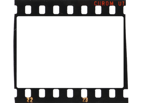 35mm film strip with transparent frame cell and background (PNG image)