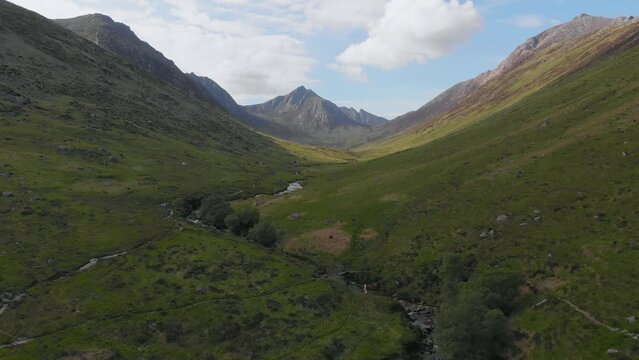 Aerial footage of Glen Rosa near Brodick on the Isle of Arran in Scotland.