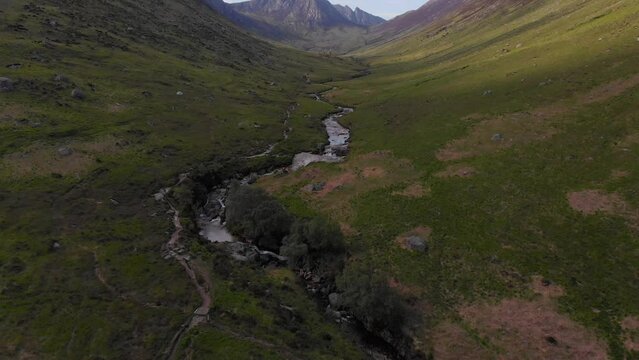 Aerial footage of Glen Rosa near Brodick on the Isle of Arran in Scotland.