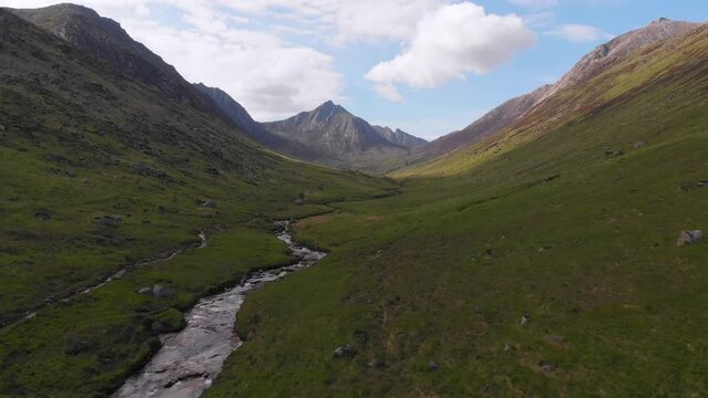 Aerial footage of Glen Rosa near Brodick on the Isle of Arran in Scotland.