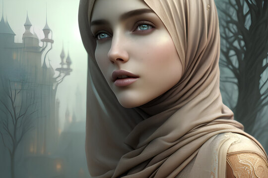 Magical portrait of a fantasy woman woman, head covered, her castle in background. Illustration, generative ai, 