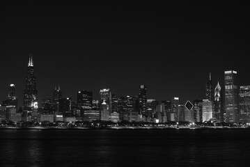Chicago Skyline at Night - Black and White