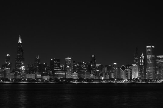 Chicago Skyline at Night - Black and White © Neal
