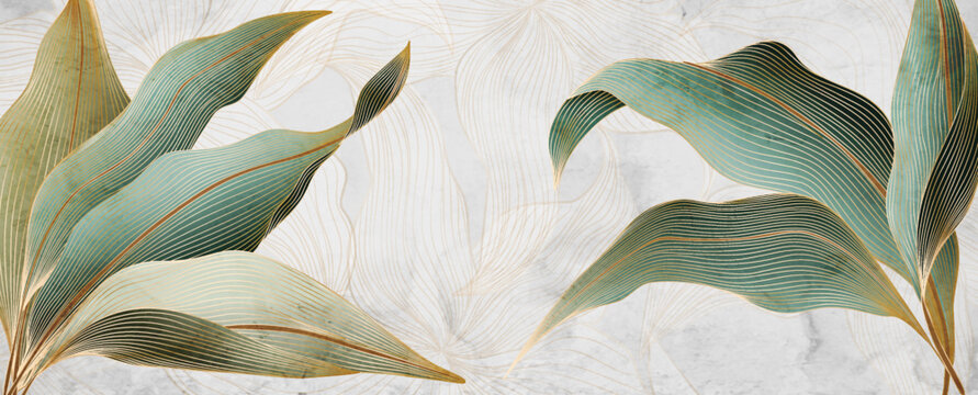 Luxury botanical art background with tropical leaves with golden elements in line style. Hand drawn banner in watercolor style for decoration, print, wallpaper, interior, textile.