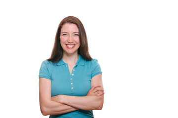 Attractive young woman smiling at camera with white background.