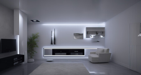 Living room interior have cabinet for tv and leather armchair in white room