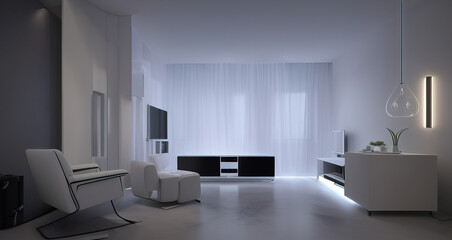 Living room interior have cabinet for tv and leather armchair in white room
