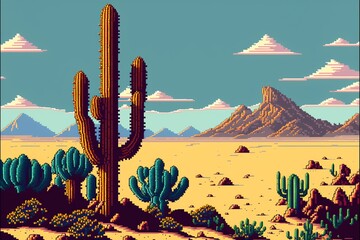 Desert landscape with cacti and mountains in the background, 16 bit pixel art style. AI digital illustration