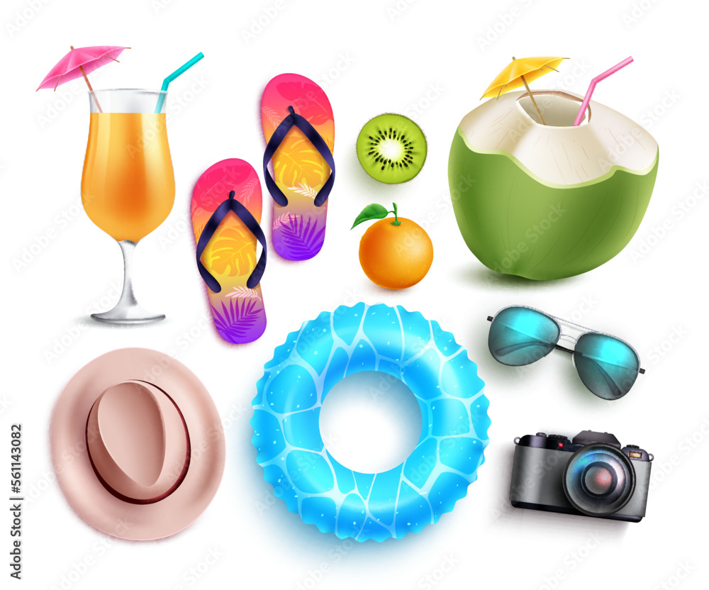Poster summer element vector set. summer 3d object like floater, camera and coconut juice isolated in white