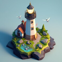 Island lighthouse landscape in 3d with flying birds, cute style. AI digital illustration