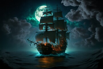 Landscape with pirate ship in the sea, sky full of clouds and full moon, horizon in the background. AI digital illustration