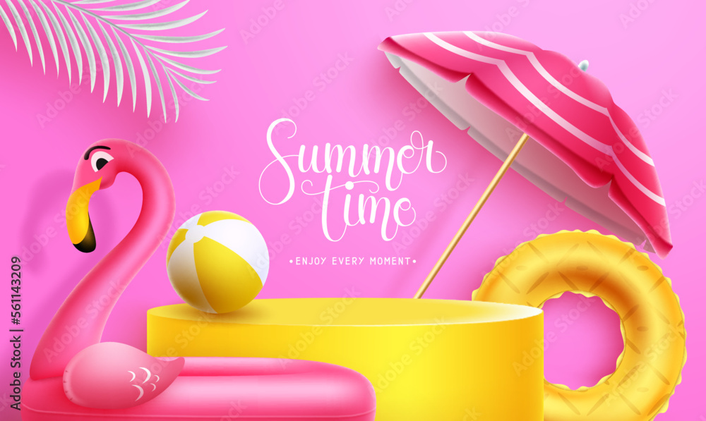 Poster summer time vector podium background. summer time text in stand mock up display with flamingo and um