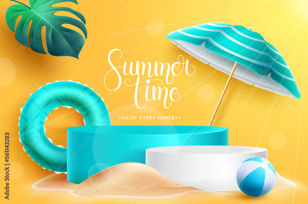Poster summer time podium vector design. summer time text in stand presentation platform with tropical elem