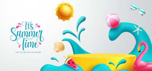Summer time vector design. It's summer time text with podium and tropical elements like sun and beach ball. Vector illustration product presentation background.
